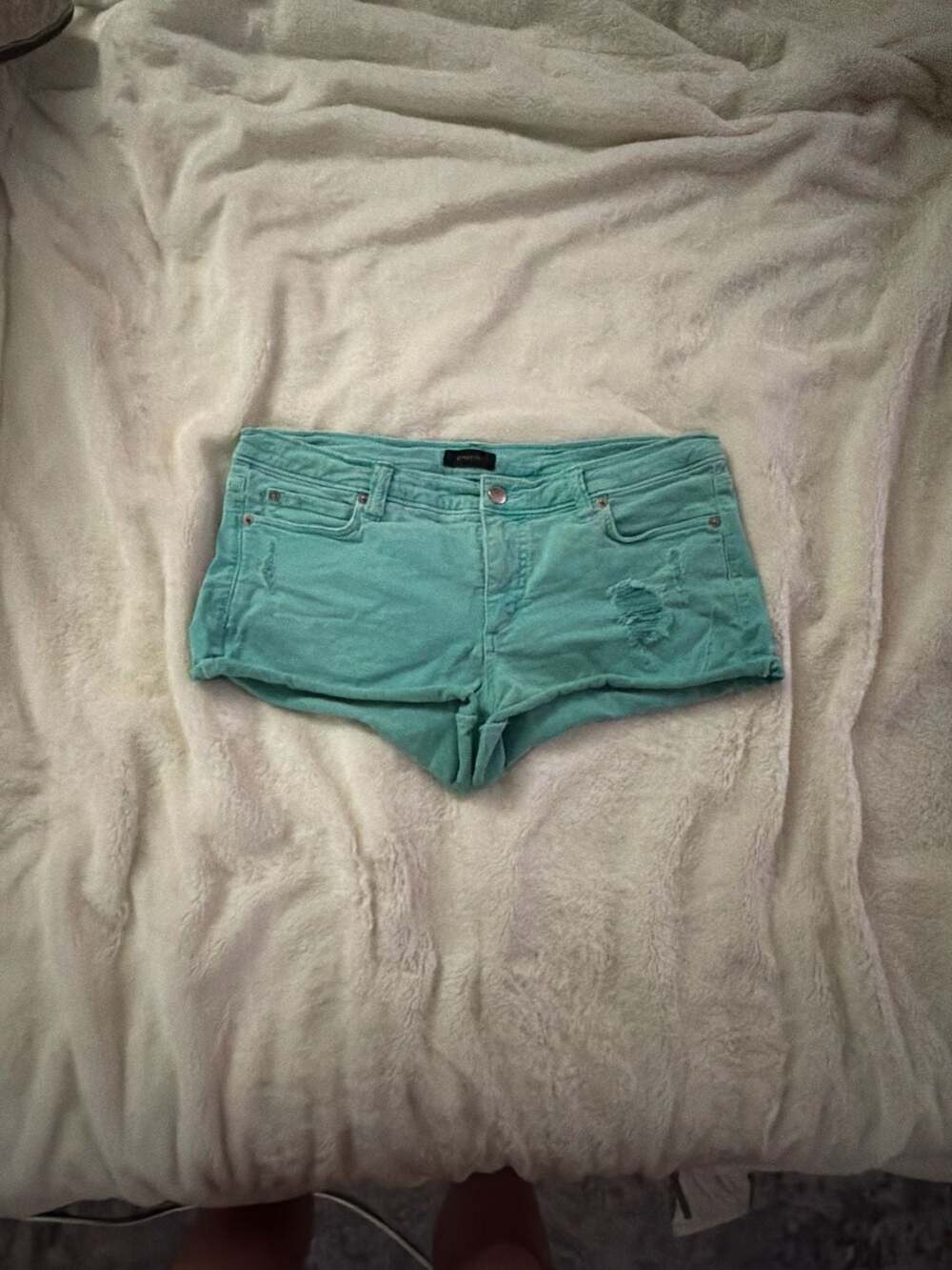 bebe Turquoise Distressed Denim Cut Off Shorts Size 30